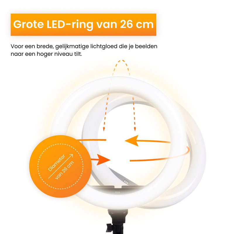 R2B Ringlamp met statief verstelbaar tot 186 cm en 30 lichtstanden- Tiktok lamp - Model Groningen - Ringlamp