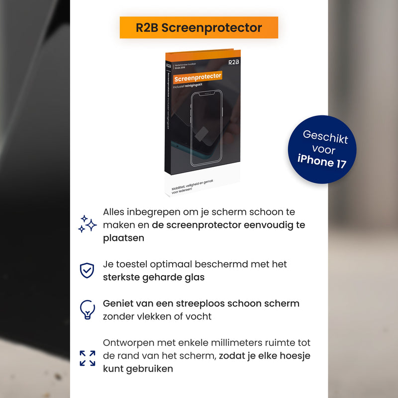 R2B Screenprotector iPhone 17 - Tempered Glass - Installatieframe & Doekjes