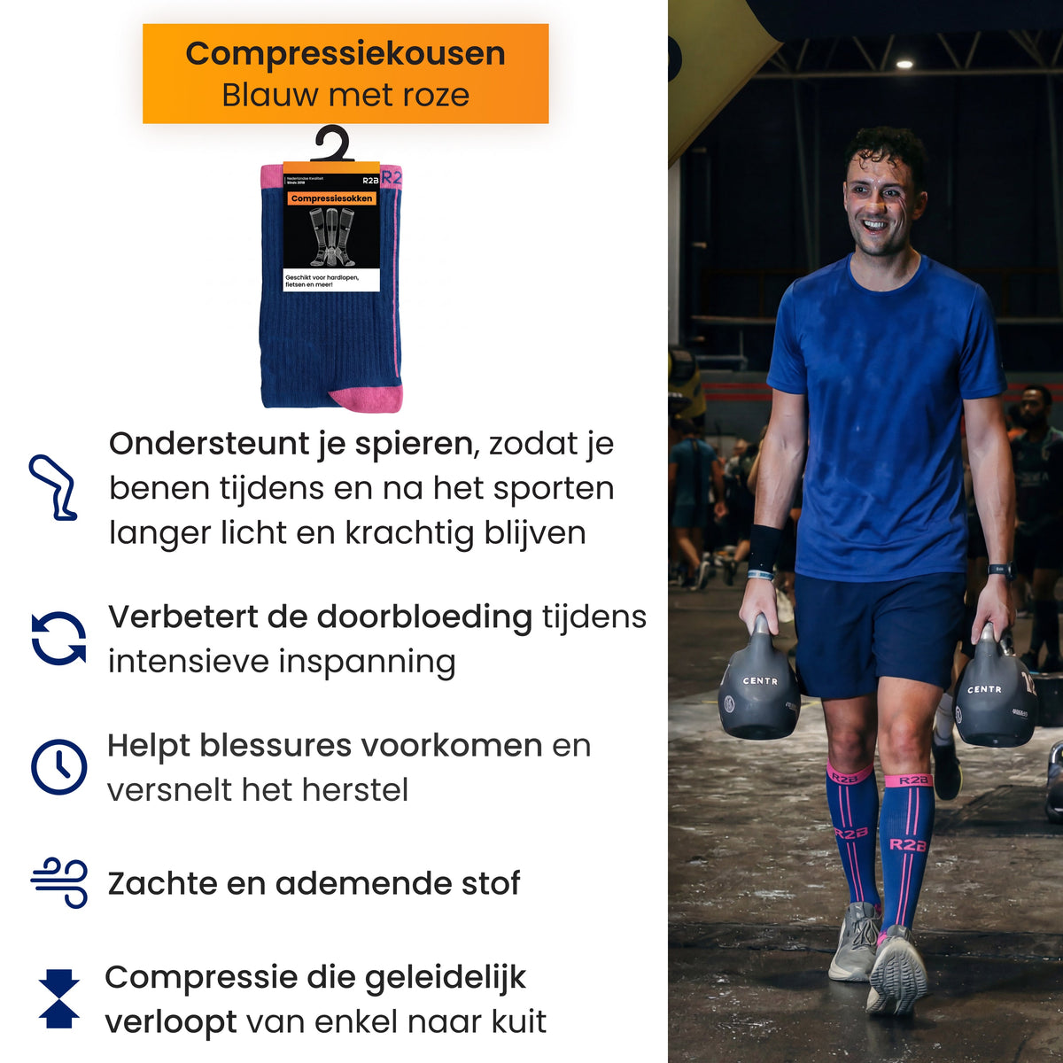 R2B Sport Compressiekousen Blauw Dames/Heren - Compressiesokken hardlopen