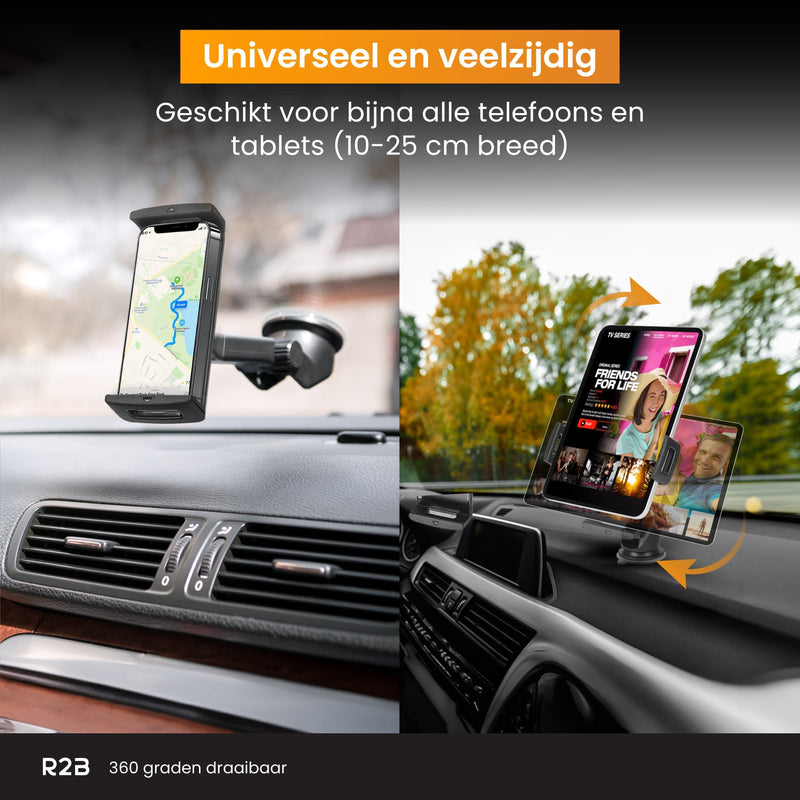 R2B Tablet/ Telefoonhouder Auto Zuignap - Voor Raam en Dashboard - Model Ede - Tablethouders