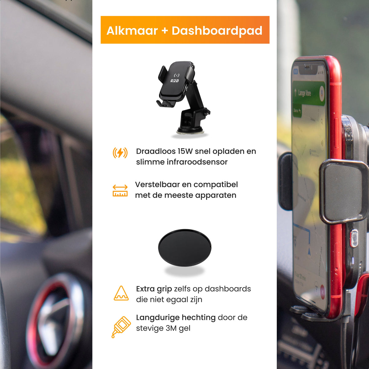 R2B Telefoonhouder Auto - Dashboardpad - Qi Draadloze Oplader - Raam Dashboard Ventilatierooster