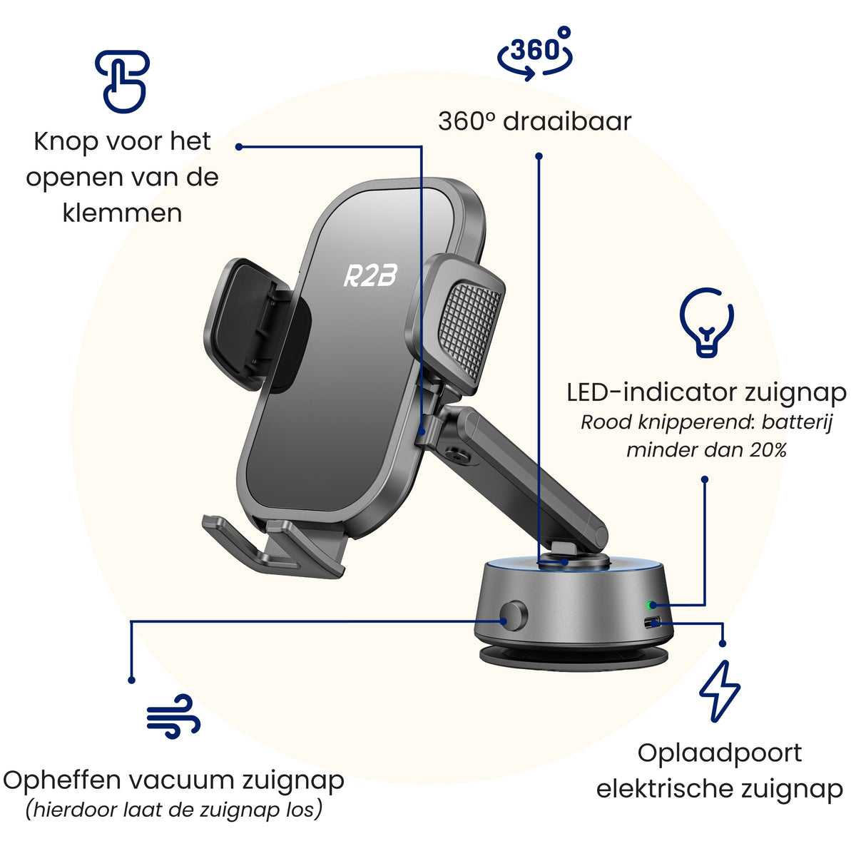 R2B Telefoonhouder Auto - Elektrische Vacuüm Zuignap