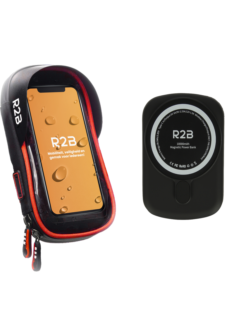 R2B Telefoonhouder Fiets Motor Scooter + Magsafe Powerbank - Waterdicht & Compact - Zwart/Rood - Telefoonhouder fiets