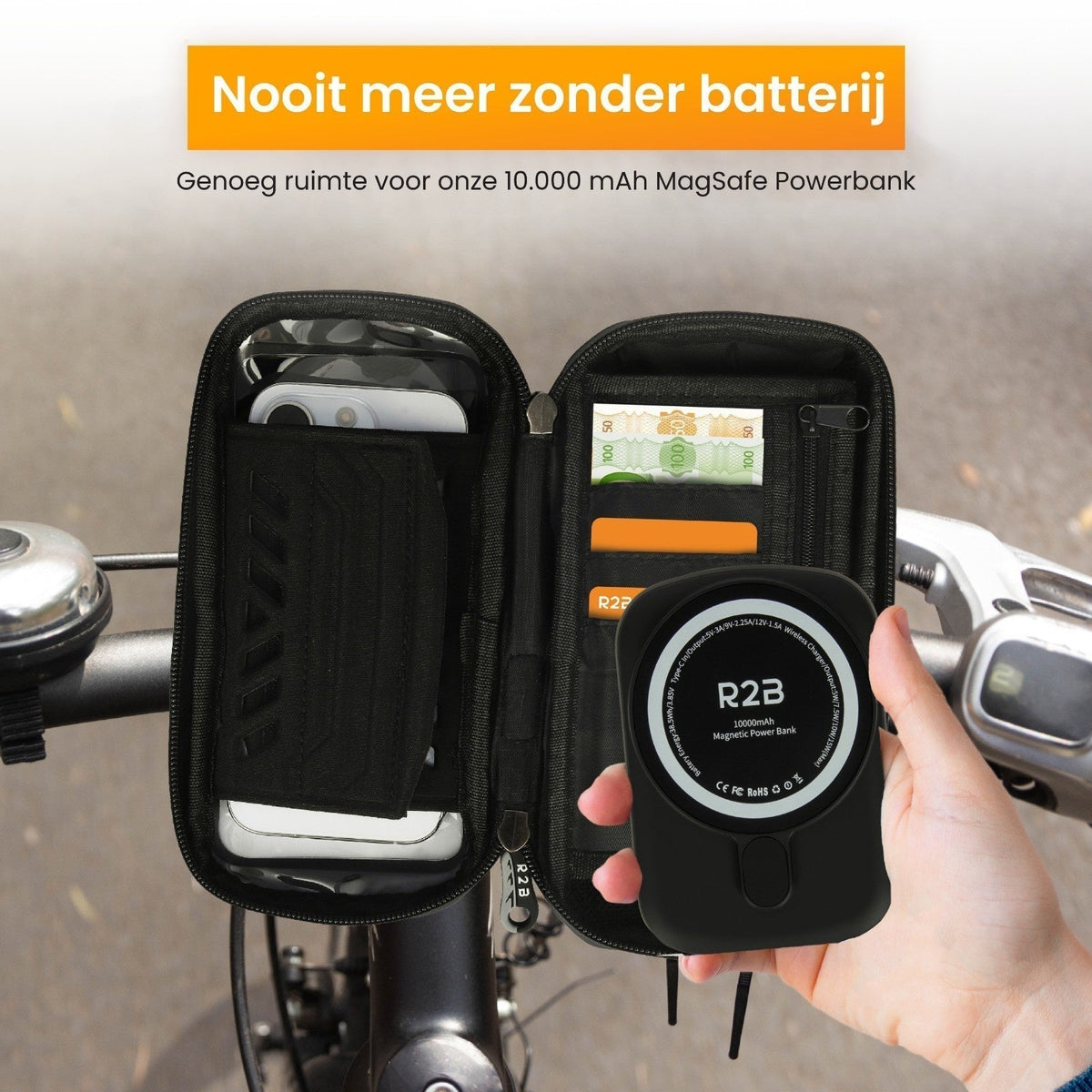 R2B Telefoonhouder Fiets Motor Scooter + Magsafe Powerbank - Waterdicht & Robuust - Telefoonhouder fiets
