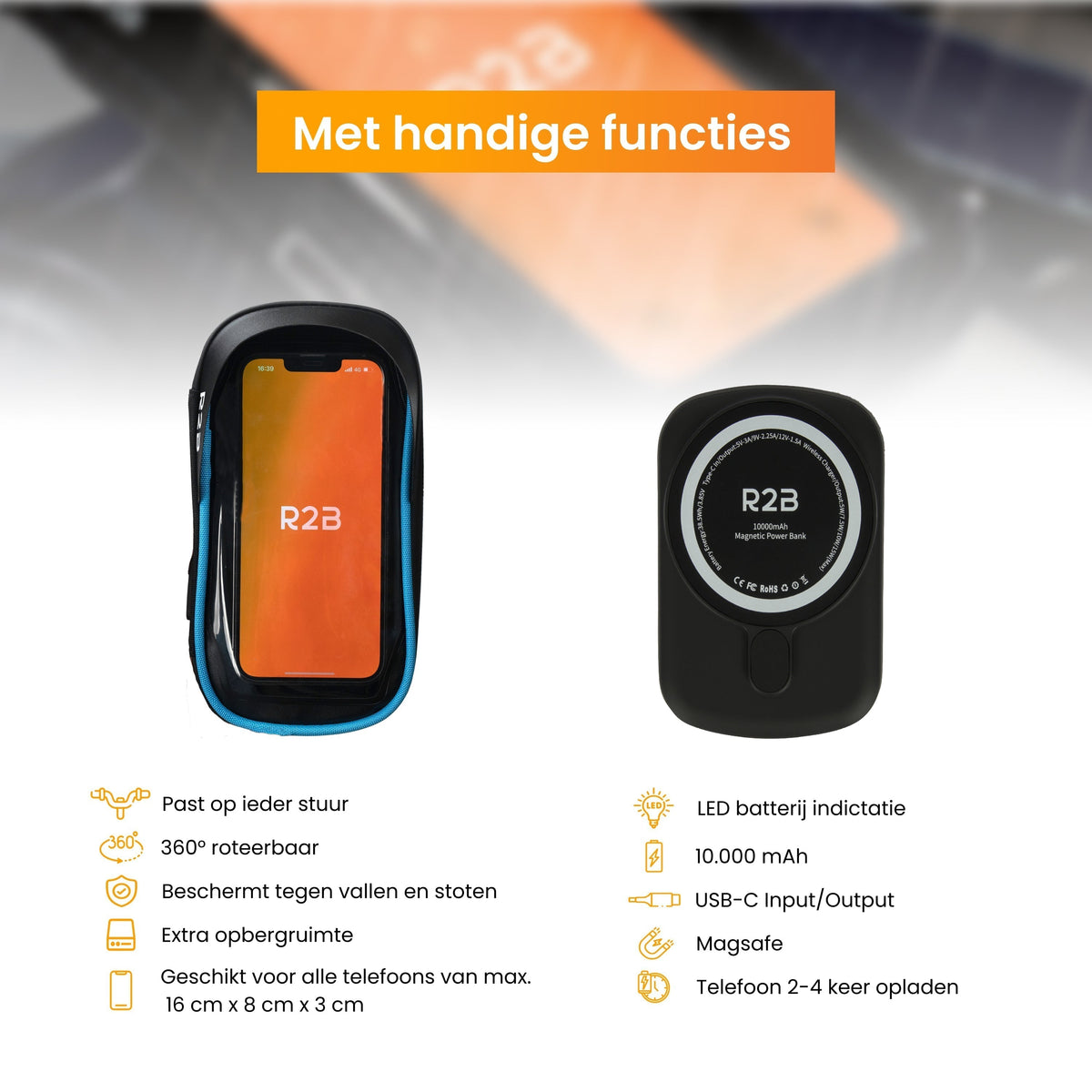 R2B Telefoonhouder Fiets Motor Scooter + Magsafe Powerbank - Zwart/Blauw - Telefoonhouder fiets