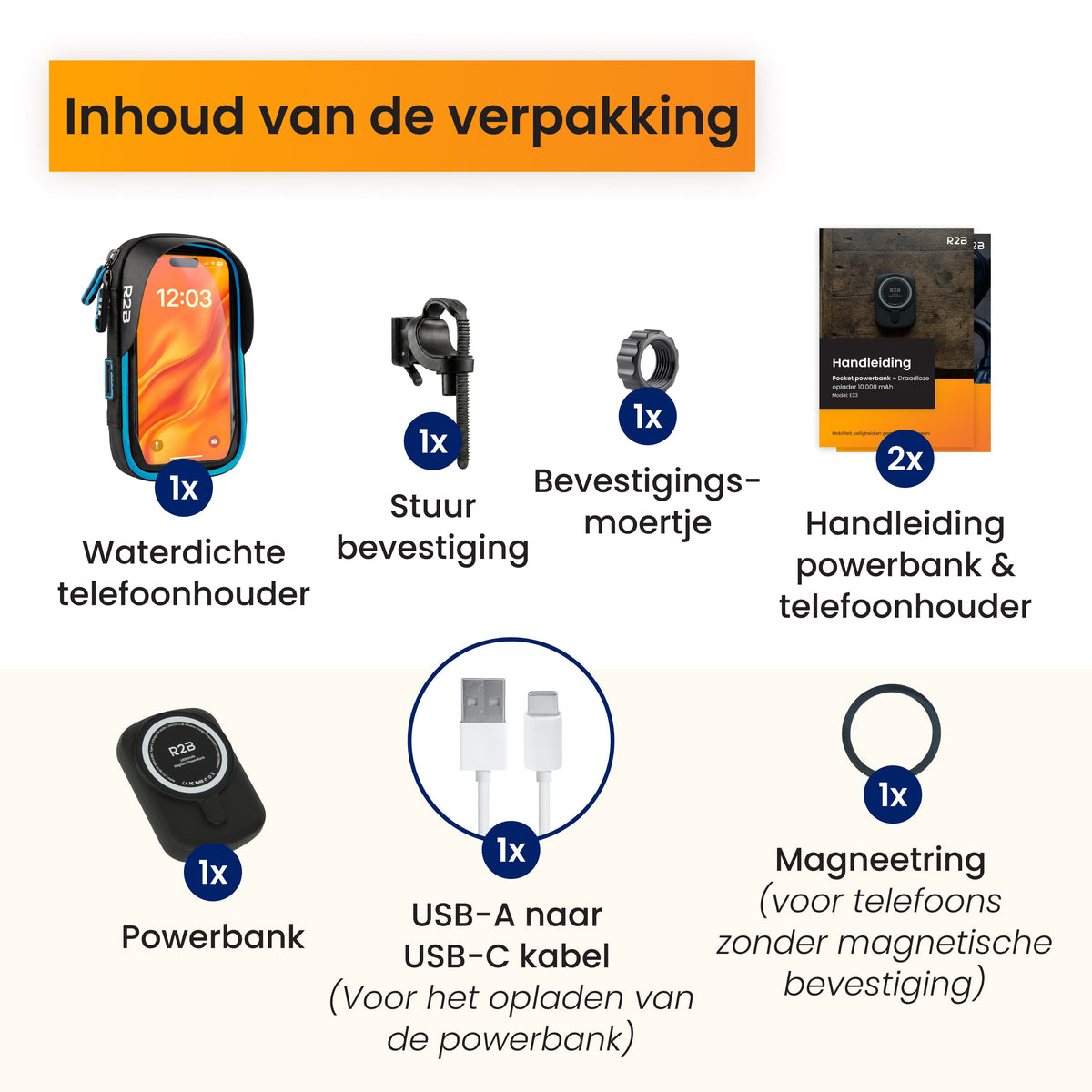 R2B Telefoonhouder Fiets Motor Scooter + Magsafe Powerbank - Zwart/Blauw - Telefoonhouder fiets