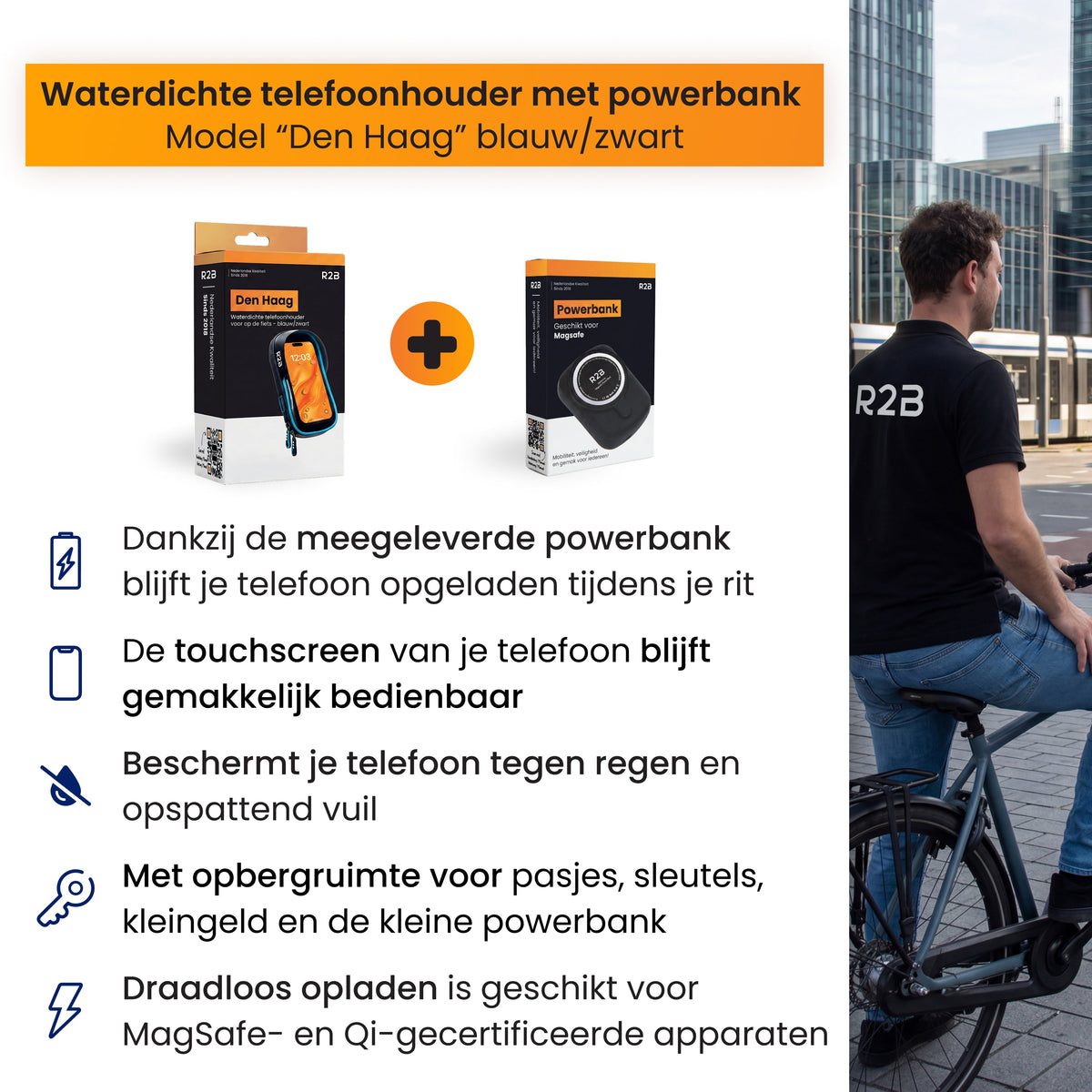 R2B Telefoonhouder Fiets Motor Scooter + Magsafe Powerbank - Zwart/Blauw - Telefoonhouder fiets