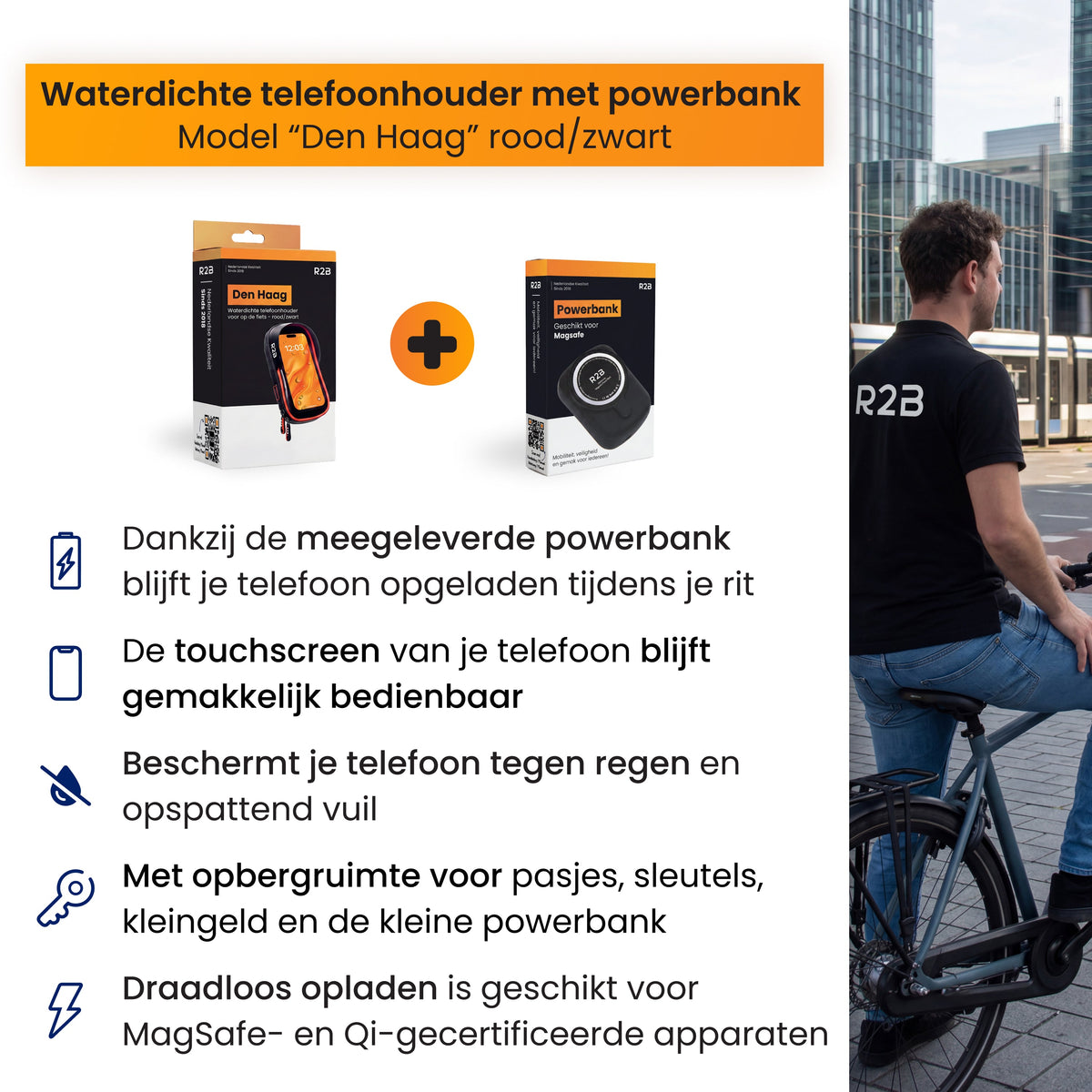 R2B Telefoonhouder Fiets Motor Scooter + Magsafe Powerbank - Zwart/Rood - Telefoonhouder fiets