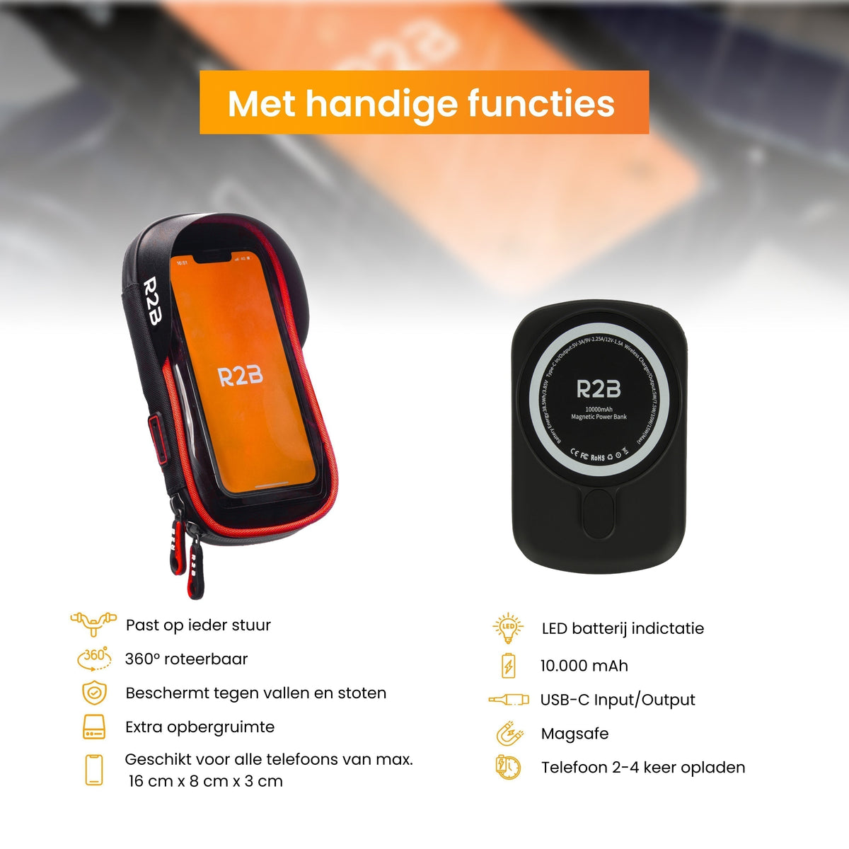 R2B Telefoonhouder Fiets Motor Scooter + Magsafe Powerbank - Zwart/Rood - Telefoonhouder fiets