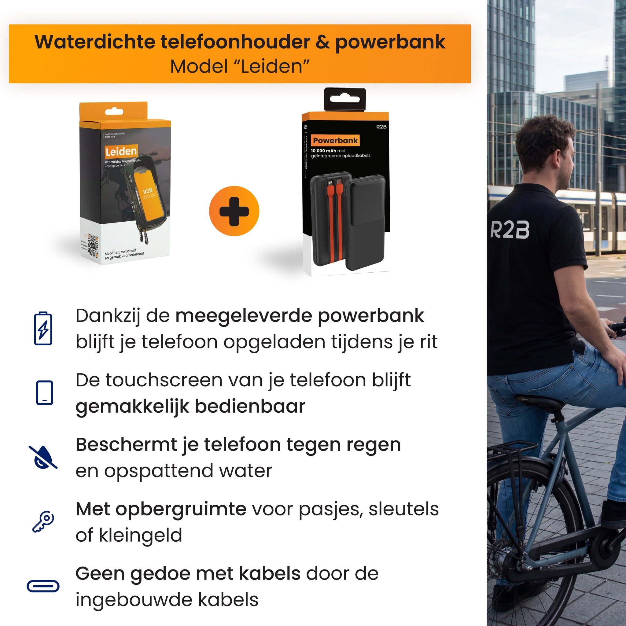 R2B Telefoonhouder Fiets Motor Scooter + Powerbank 10.000 mAh - Waterdicht & Robuust - Telefoonhouder fiets