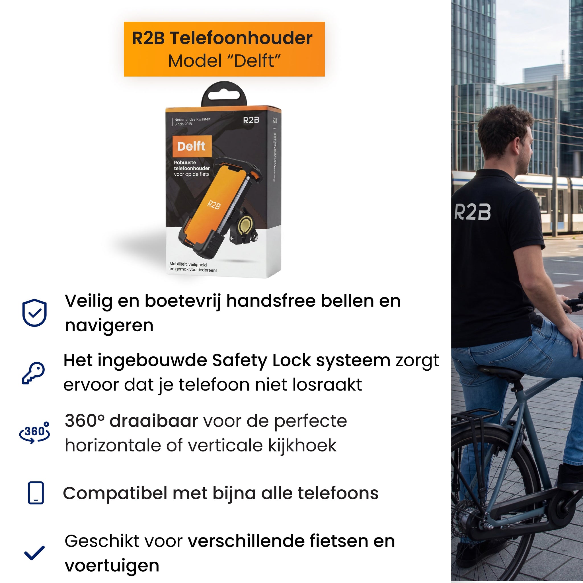 R2B Telefoonhouder Fiets Motor Scooter - Safety Lock Systeem - 360° Rotatie & Kantelbaar - Schokbestendig