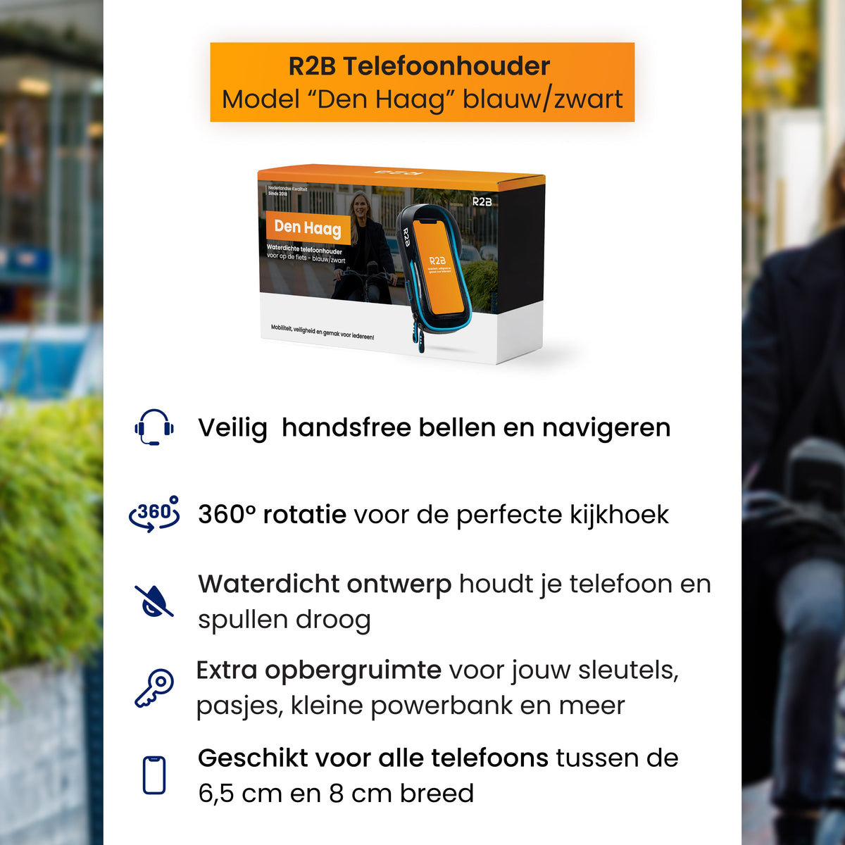 R2B Telefoonhouder Fiets Scooter Motor - Waterdicht & Compact - Opbergvak - Zwart/Blauw - Telefoonhouder fiets