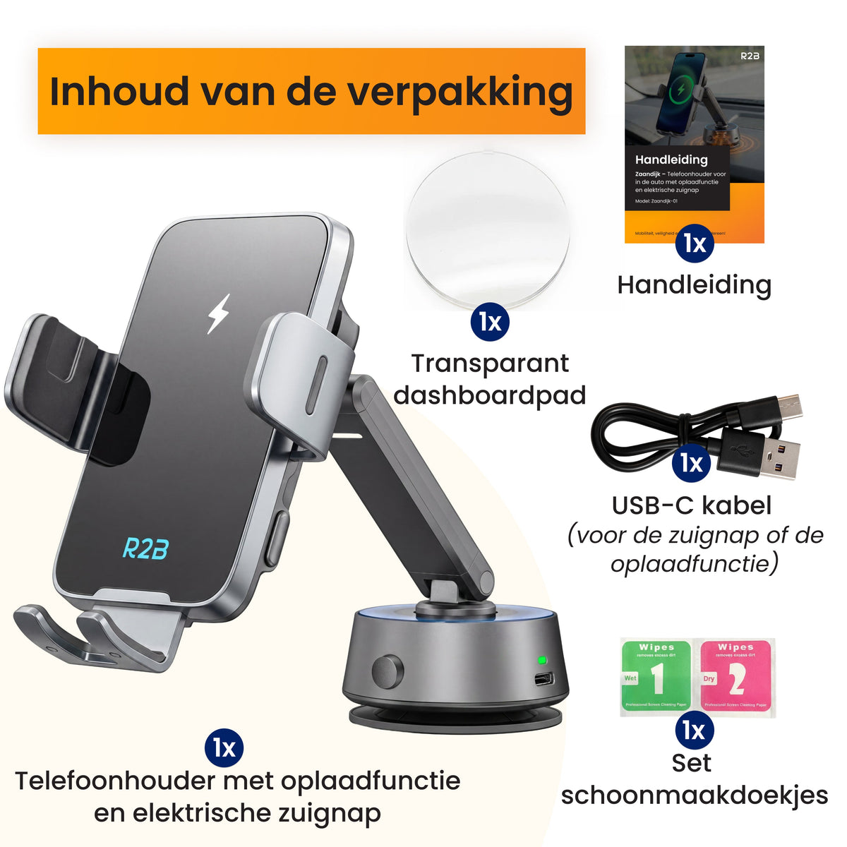 R2B Telefoonhouders Auto Zuignap met Draadloze Oplader & Elektrische Vacuüm Zuignap