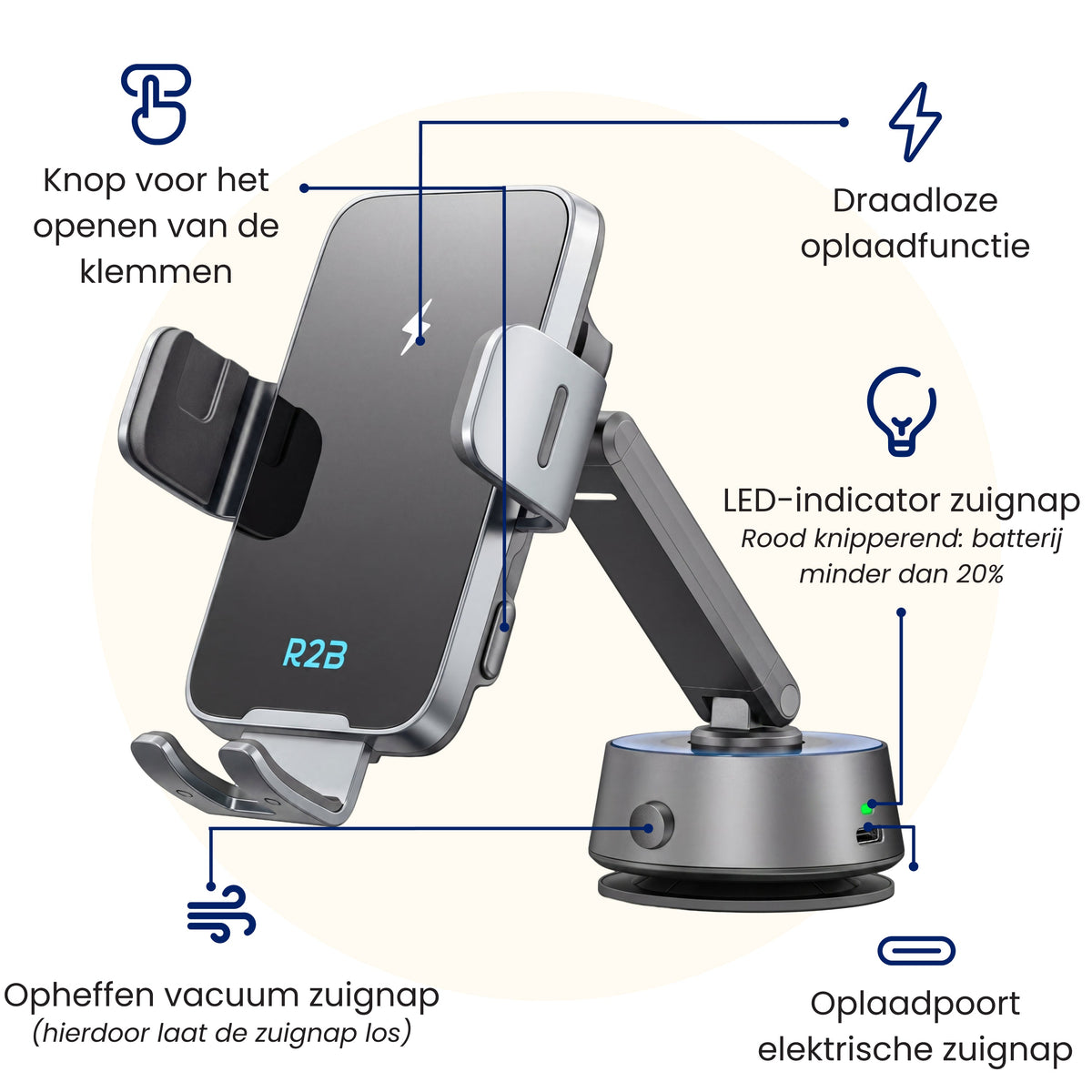 R2B Telefoonhouders Auto Zuignap met Draadloze Oplader & Elektrische Vacuüm Zuignap