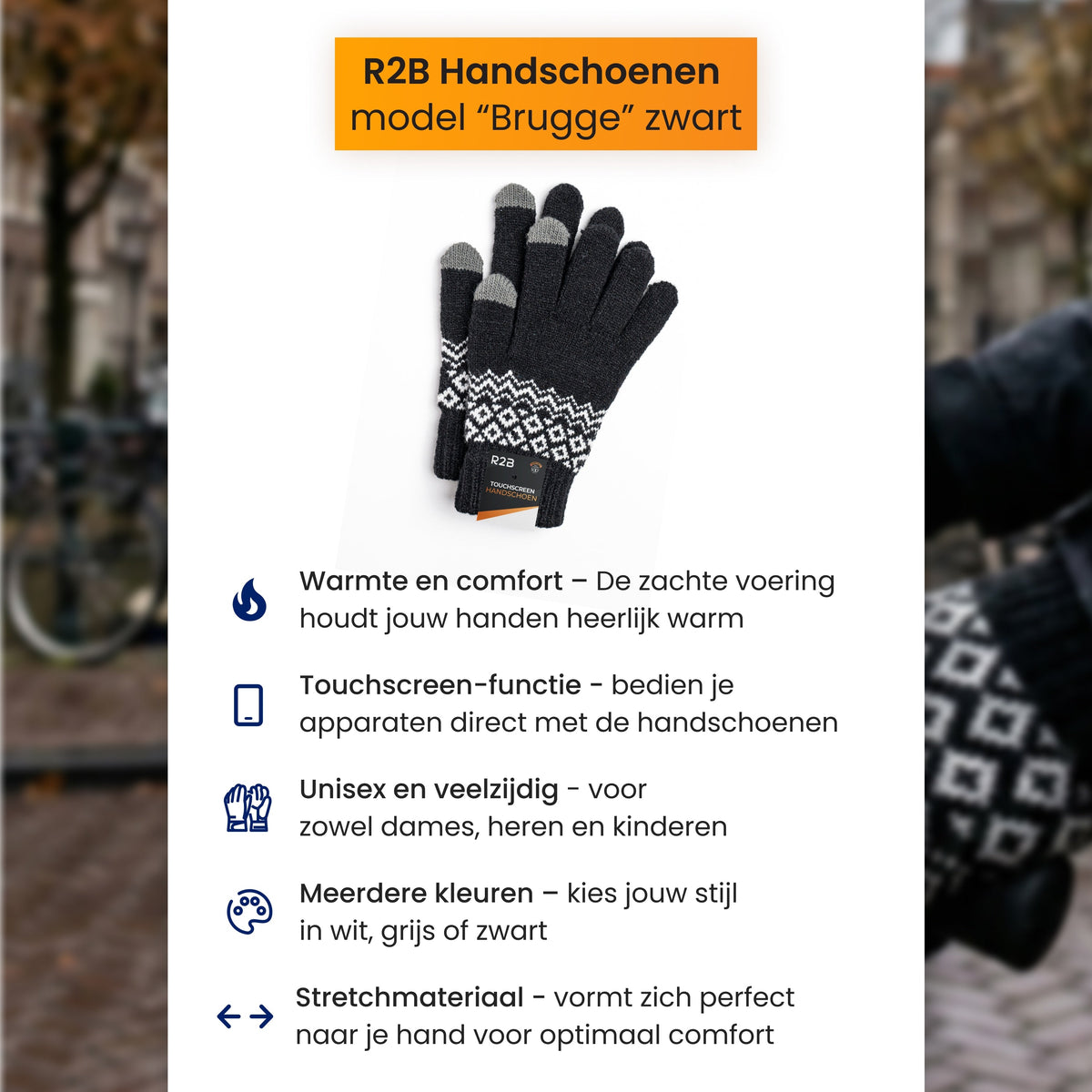 R2B Touchscreen Handschoenen - Gebreid & Noors Patroon - Dames & Heren - Zwart