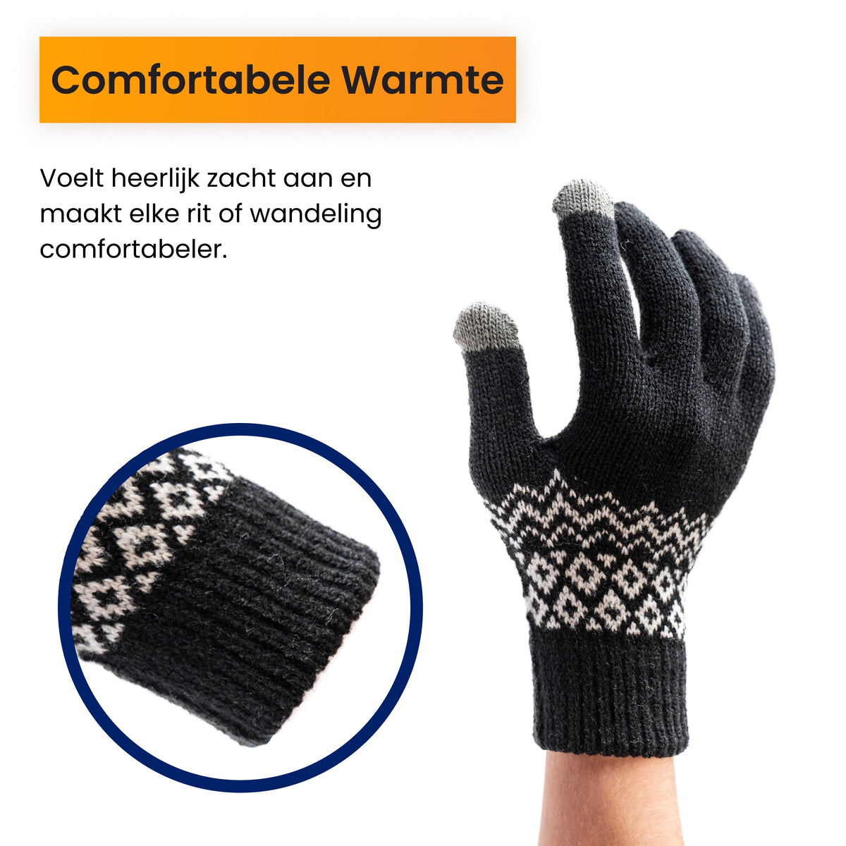 R2B Touchscreen Handschoenen - Gebreid & Noors Patroon - Dames & Heren - Zwart