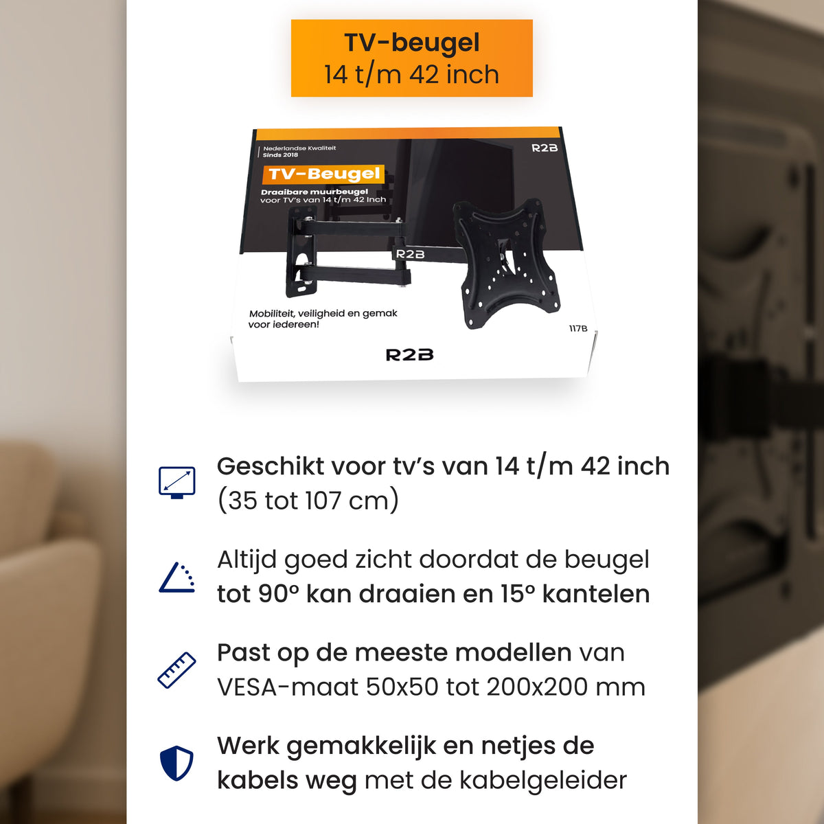 R2B TV Beugel 14 t/m 42 Inch - Draaibaar & Kantelbaar - VESA 200x200