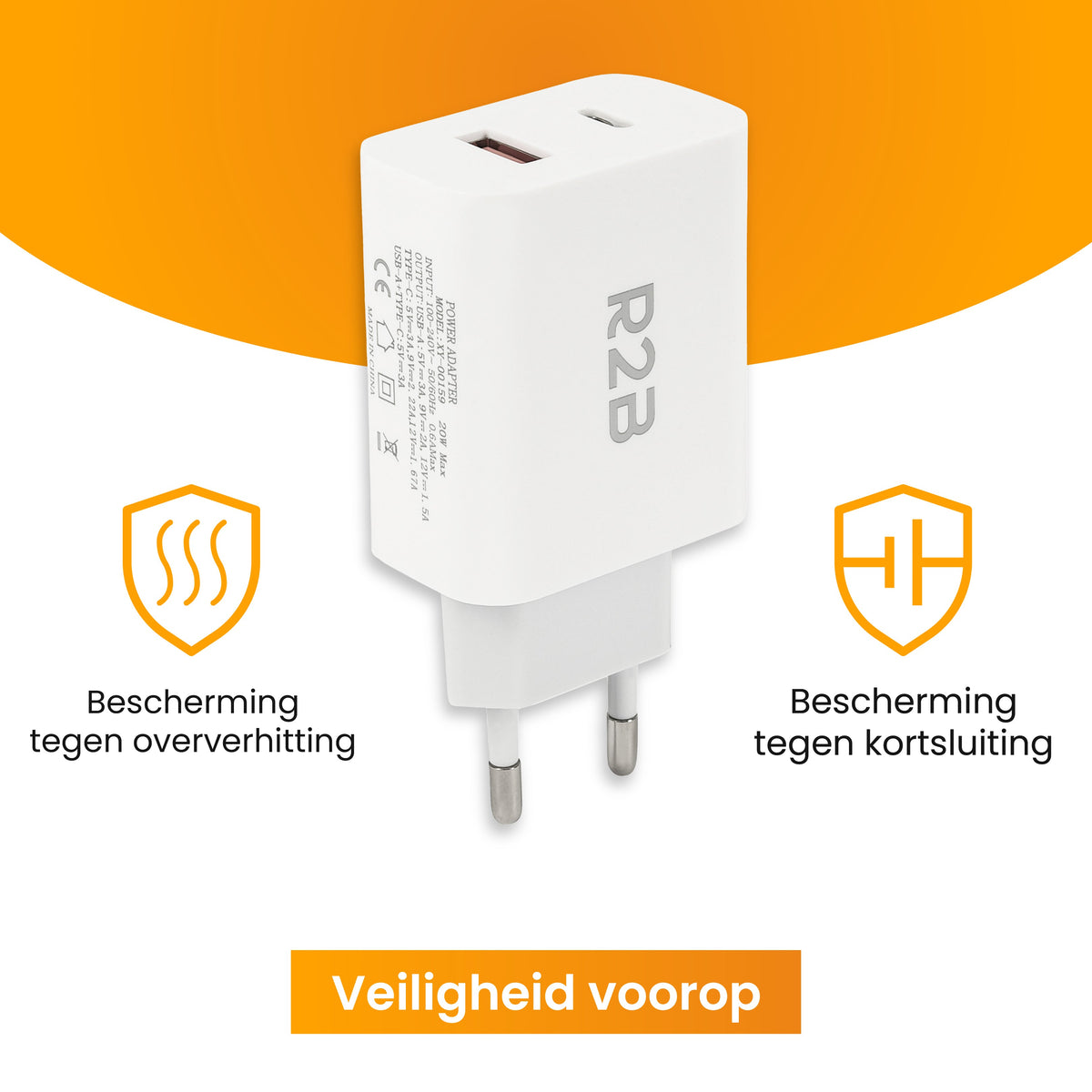 R2B USB-A & USB-C Adapter - 2-in-1 USB Stekker - Stevig & Betrouwbaar - Wit