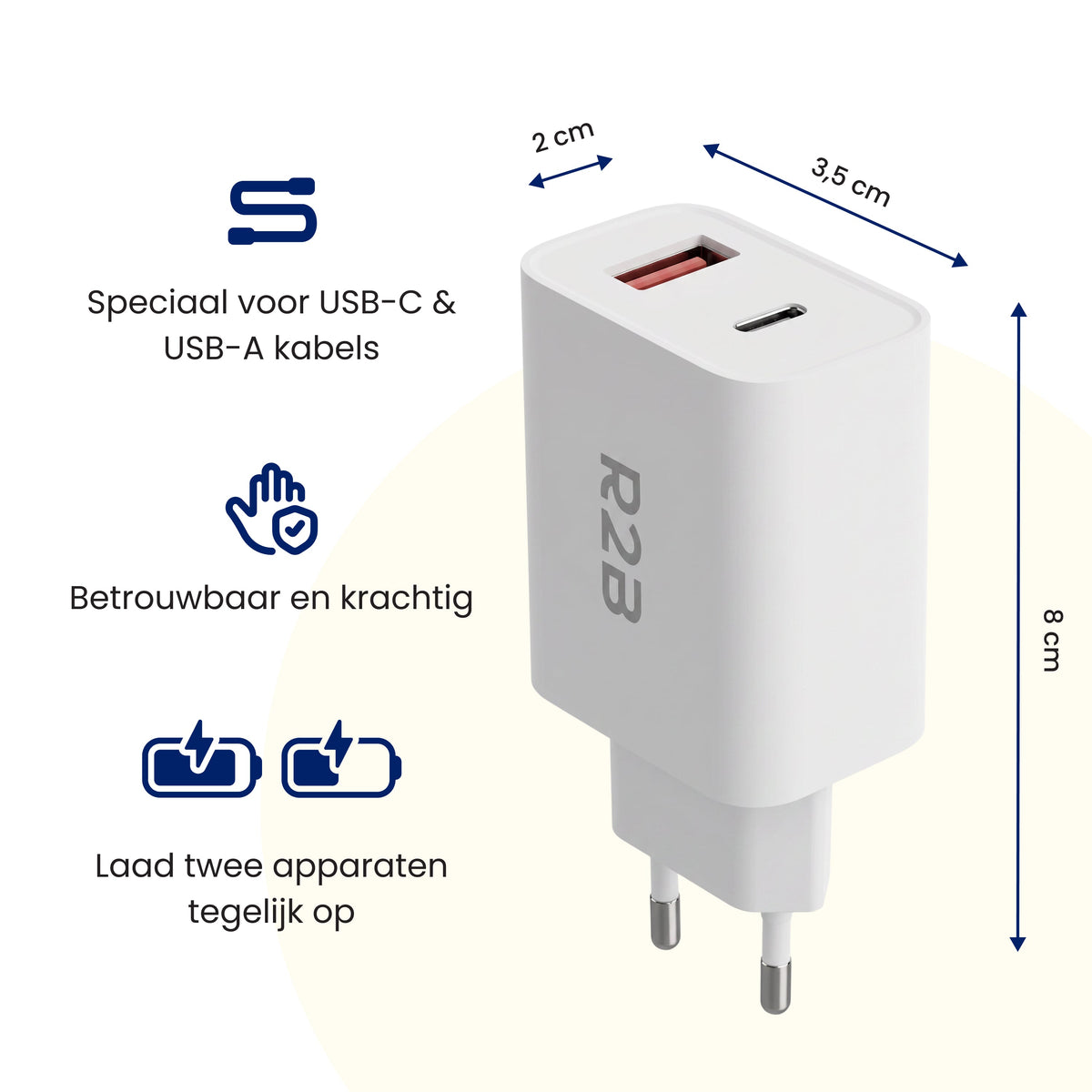 R2B USB-A & USB-C Adapter - 2-in-1 USB Stekker - Stevig & Betrouwbaar - Wit