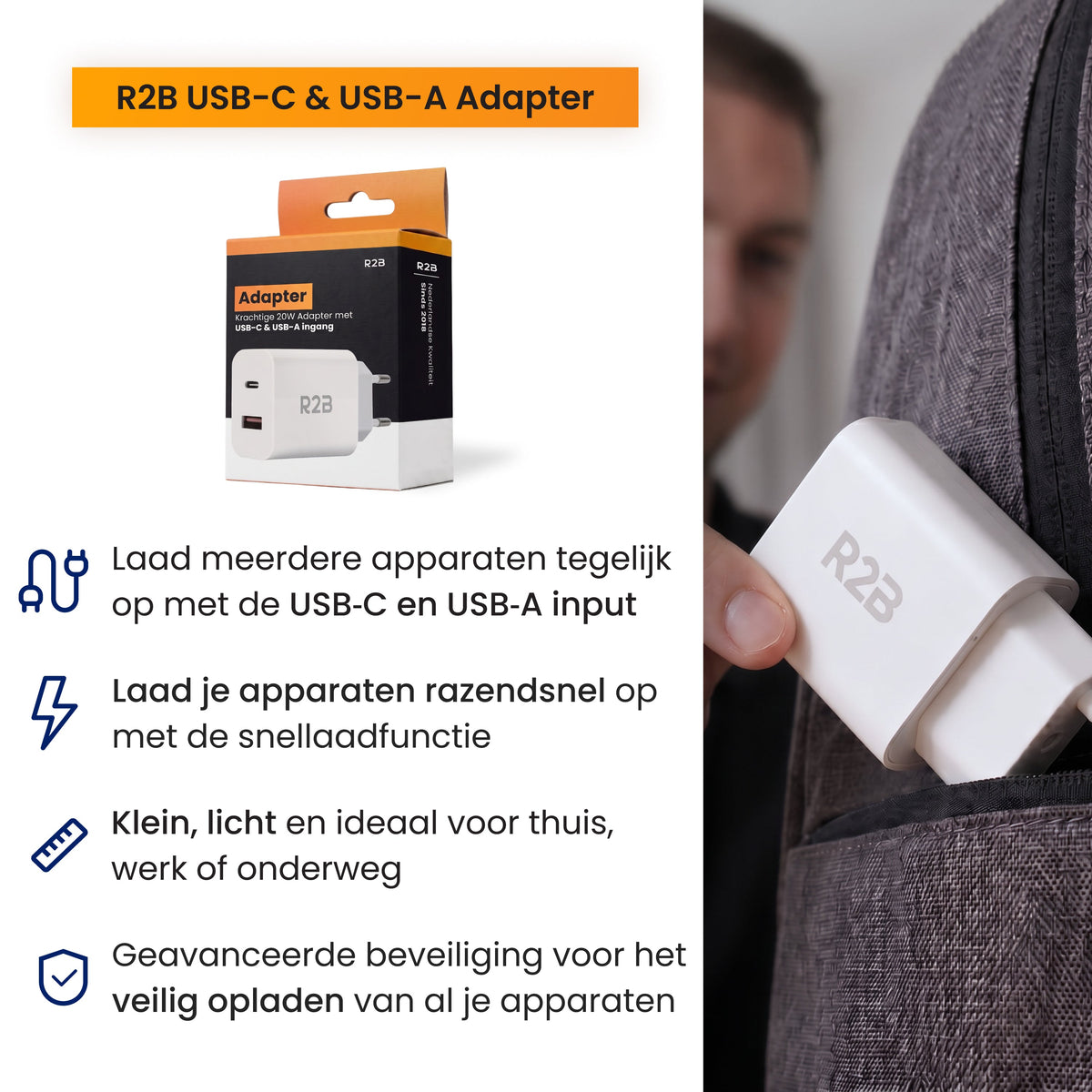 R2B USB-A & USB-C Adapter - 2-in-1 USB Stekker - Stevig & Betrouwbaar - Wit