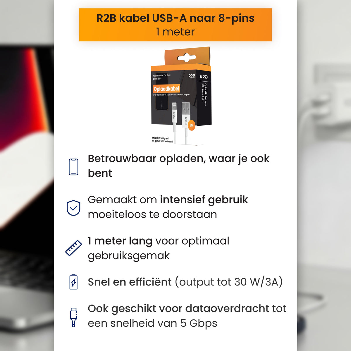 R2B USB-A naar Lightning Kabel - 1 Meter - Snelladen