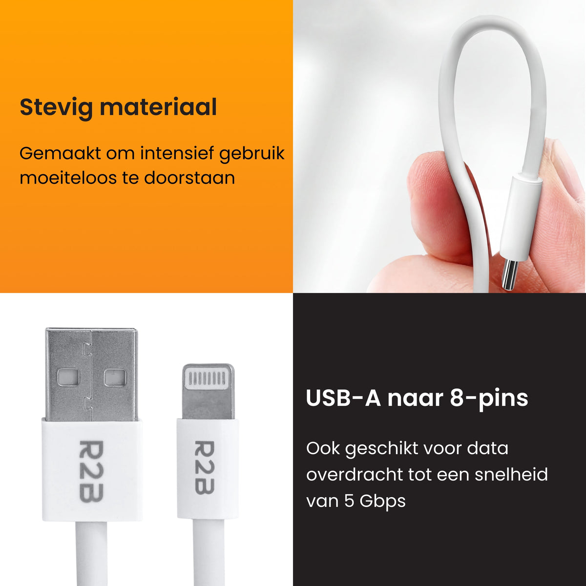 R2B USB-A naar Lightning Kabel - 2 Meter - Snelladen