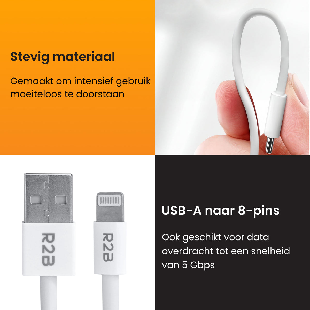 R2B USB-A naar Lightning Kabel - 2 Meter - Snelladen - Stevig & Betrouwbaar - Wit