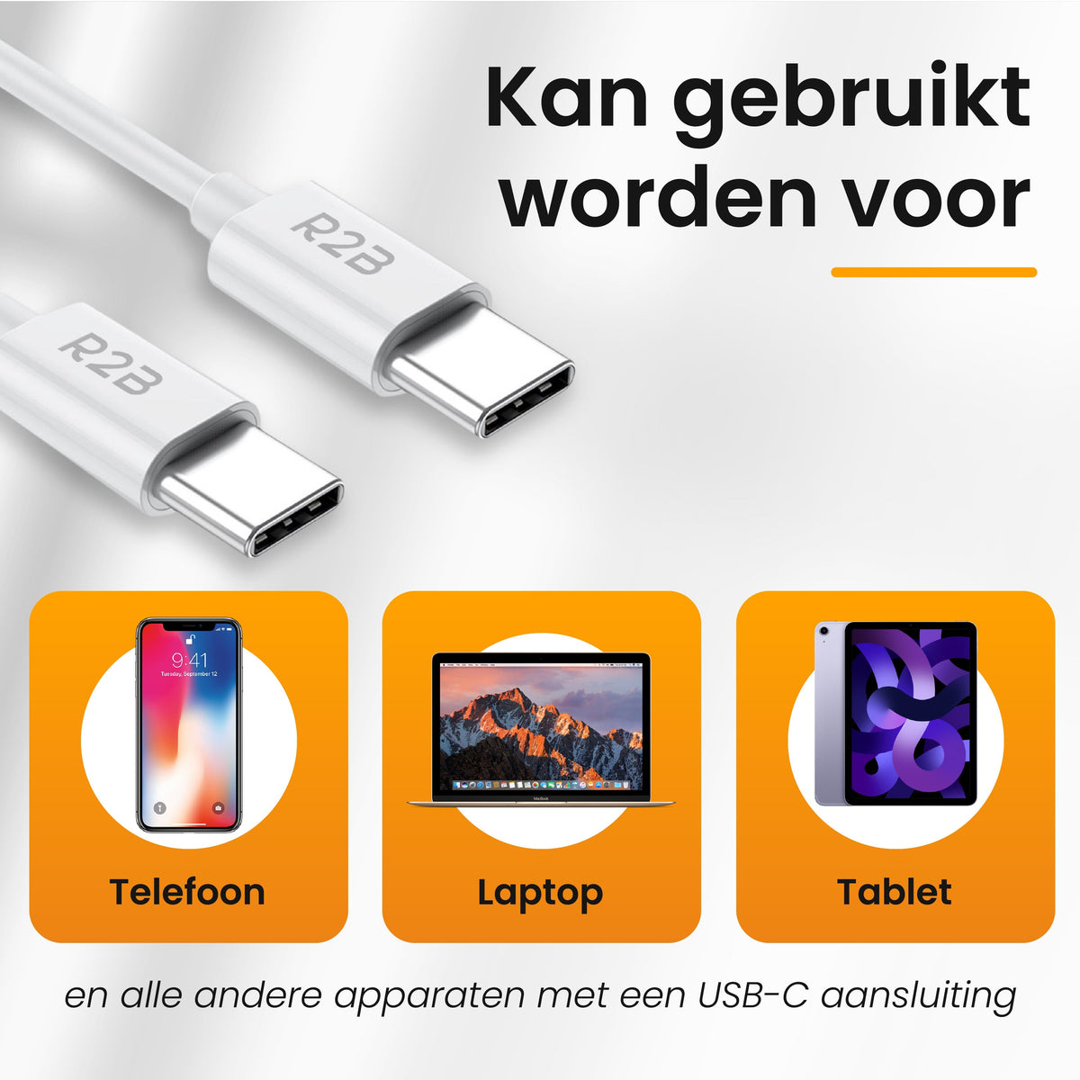 R2B USB-C naar USB-C Kabel - 2 Meter - Snelladen - Stevig & Betrouwbaar - Wit