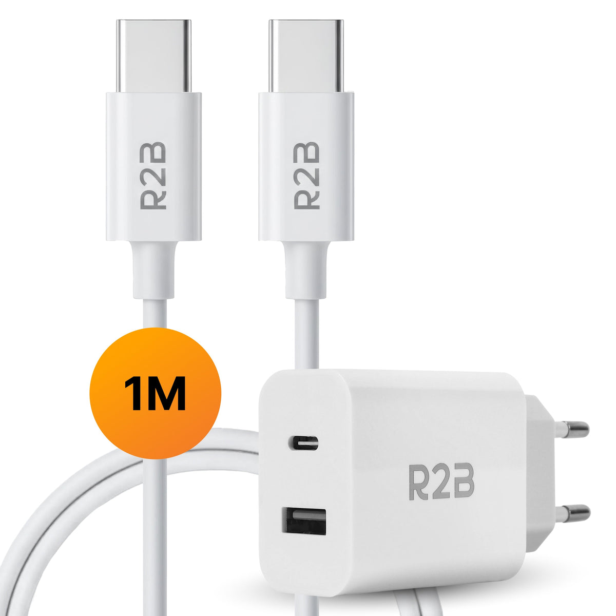 R2B USB-C naar USB-C Kabel met USB-A & USB-C Adapter - 1 Meter - Snelladen