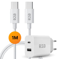 R2B USB-C naar USB-C Kabel met USB-A & USB-C Adapter - 1 Meter - Snelladen - Veelzijdig & Praktisch - Wit