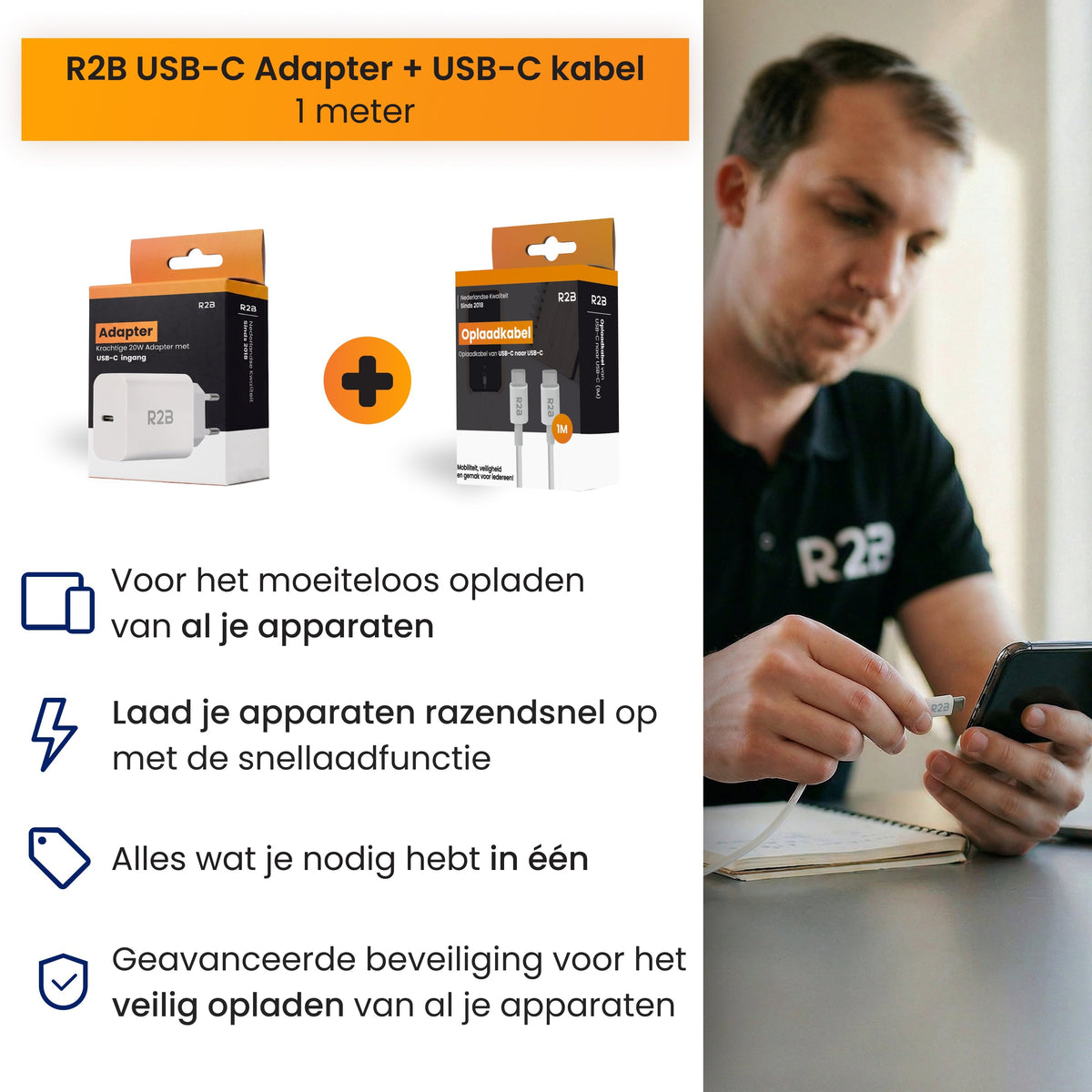 R2B USB-C naar USB-C Kabel met USB-C Adapter - 1 Meter - Snelladen