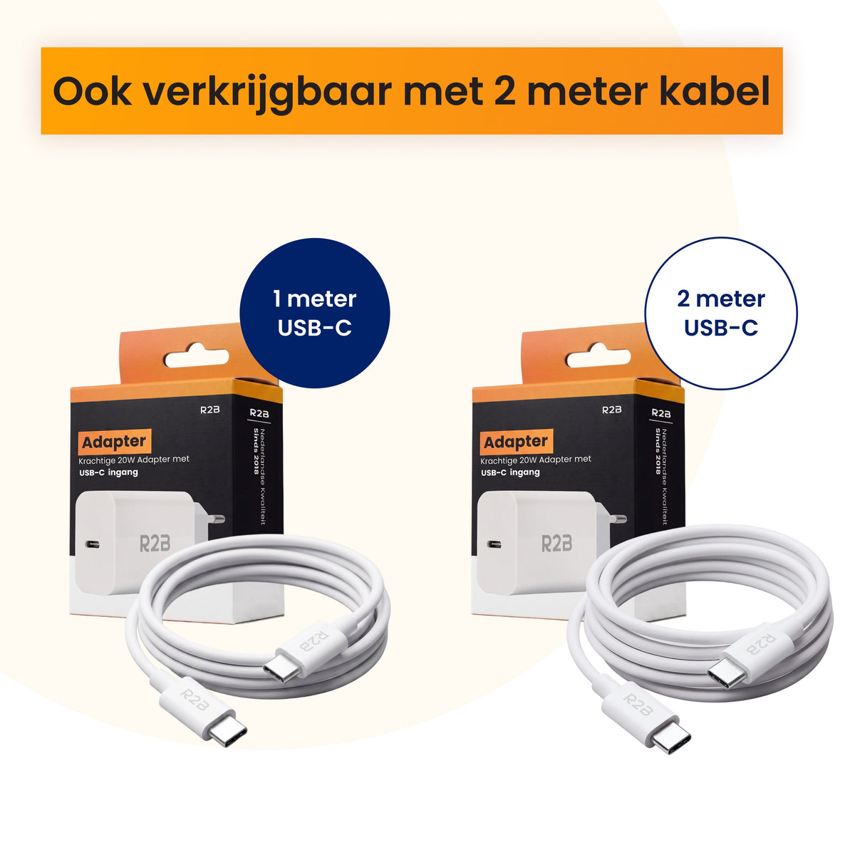 R2B USB-C naar USB-C Kabel met USB-C Adapter - 1 Meter - Snelladen