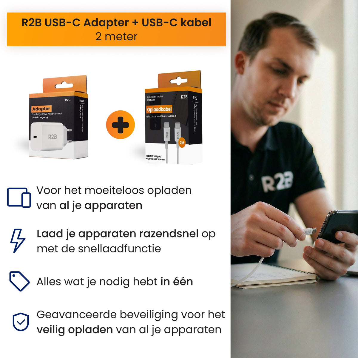 R2B USB-C naar USB-C Kabel met USB-C Adapter - 2 Meter - Snelladen