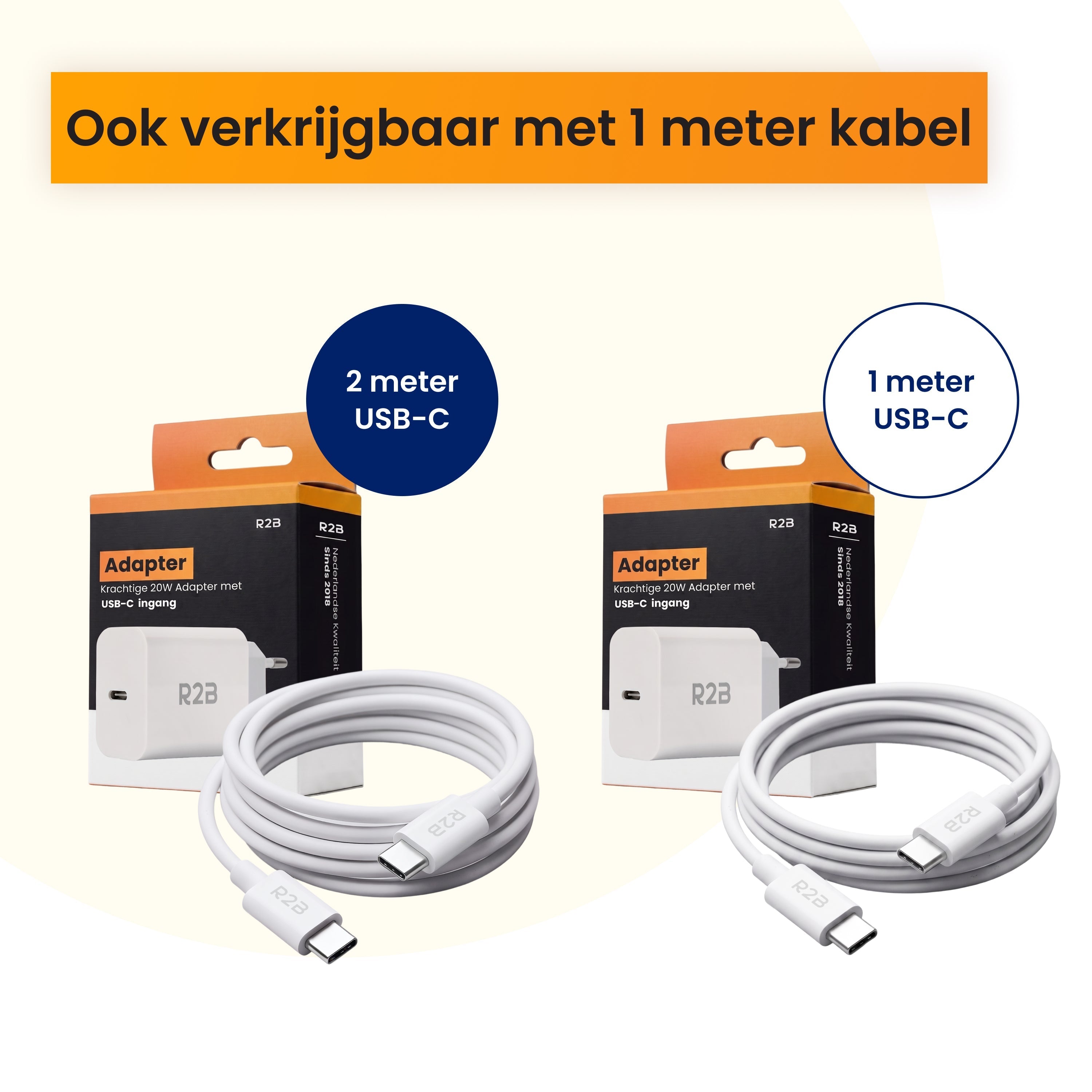 R2B USB-C naar USB-C Kabel met USB-C Adapter - 2 Meter - Snelladen