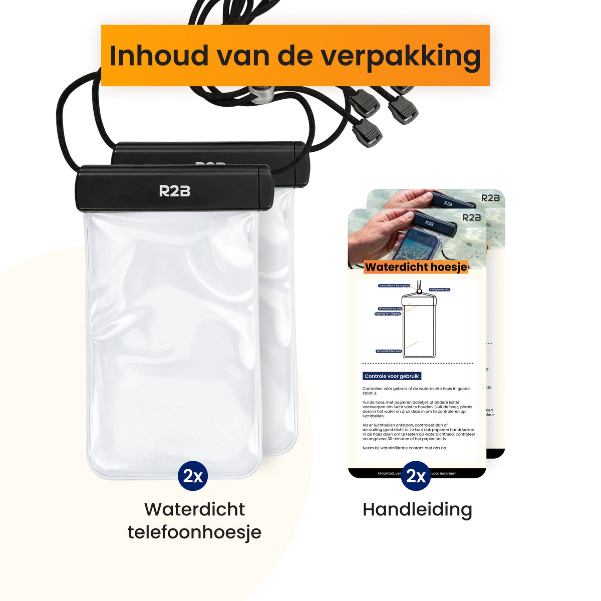 R2B Waterdicht Telefoonhoesje met Koord - 2 Stuks - Universeel - Veilig en Toegankelijk - Zwart - Telefoonhoesje