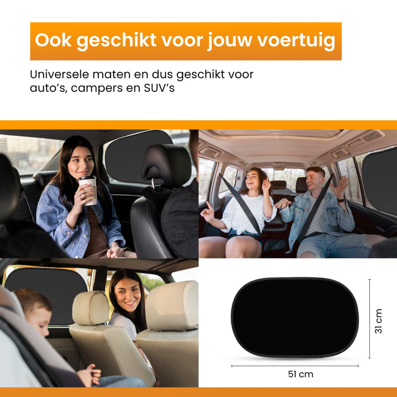 R2B Zonnescherm Auto Zijruit - Universele set van 2 - Zelfklevende Zonwering Auto - Zonnescherm Auto