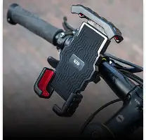Zwarte telefoonhouder met rode accent, ontworpen voor een veilige bevestiging aan het stuur van de fiets.