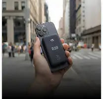 Zwarte smartphone met een strak, modern ontwerp en een opvallule cameralens-module op de achterkant.