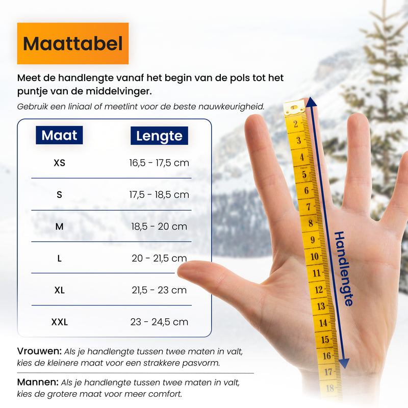 maattabel van de r2b verwarmde handschoenen