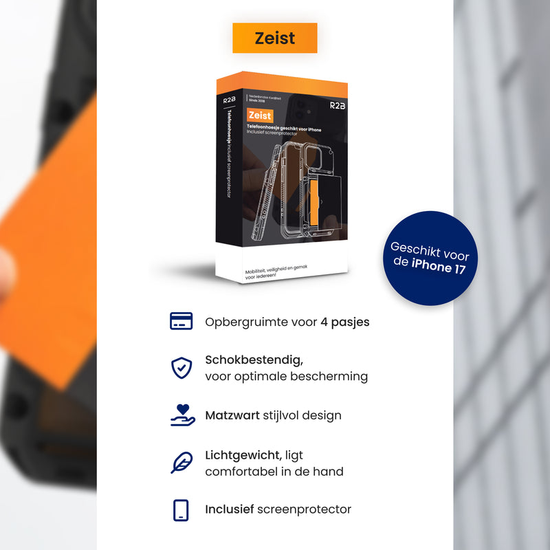 telefoonhoesje iphone 17 ruimte voor 4 pasjes, schokbestendig, matzwart, lichtgewicht en inclusief screenprotector