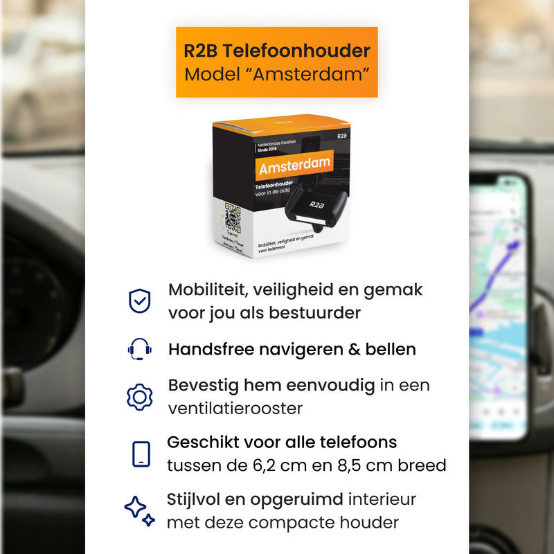 Telefoonhouder auto ventilatierooster details van R2B model Amsterdam voor handsfree gebruik