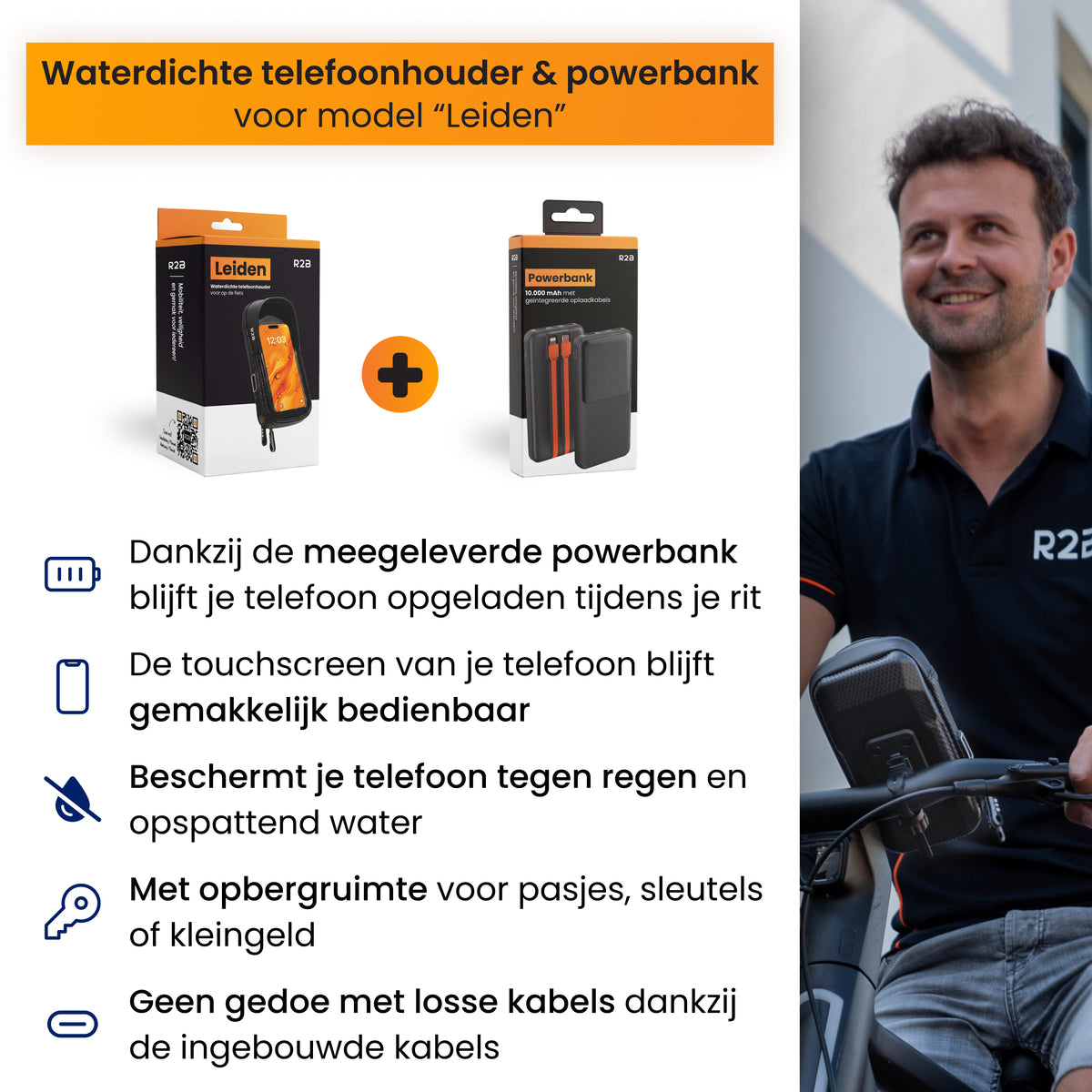 R2B Telefoonhouder Fiets, Motor, Scooter + Powerbank 10.000 mAh
