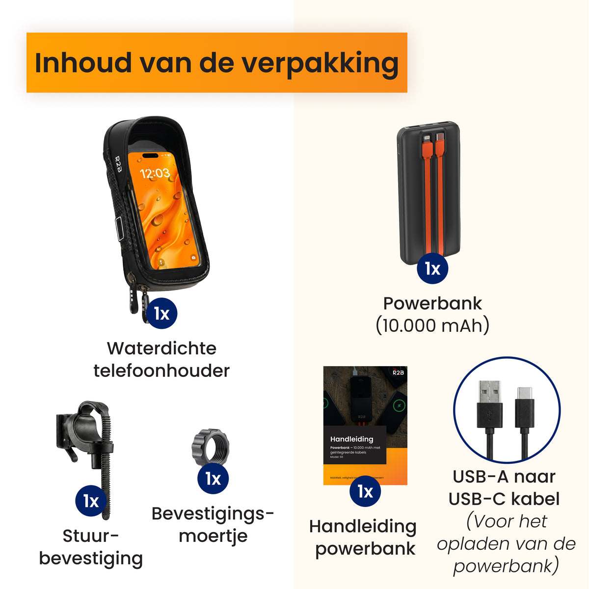 R2B Telefoonhouder Fiets, Motor, Scooter + Powerbank 10.000 mAh