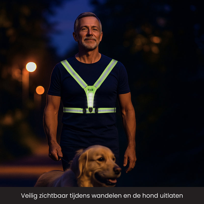 Man is een hond aan het uitlaten in het donker met een verlicht hardloopvest aan