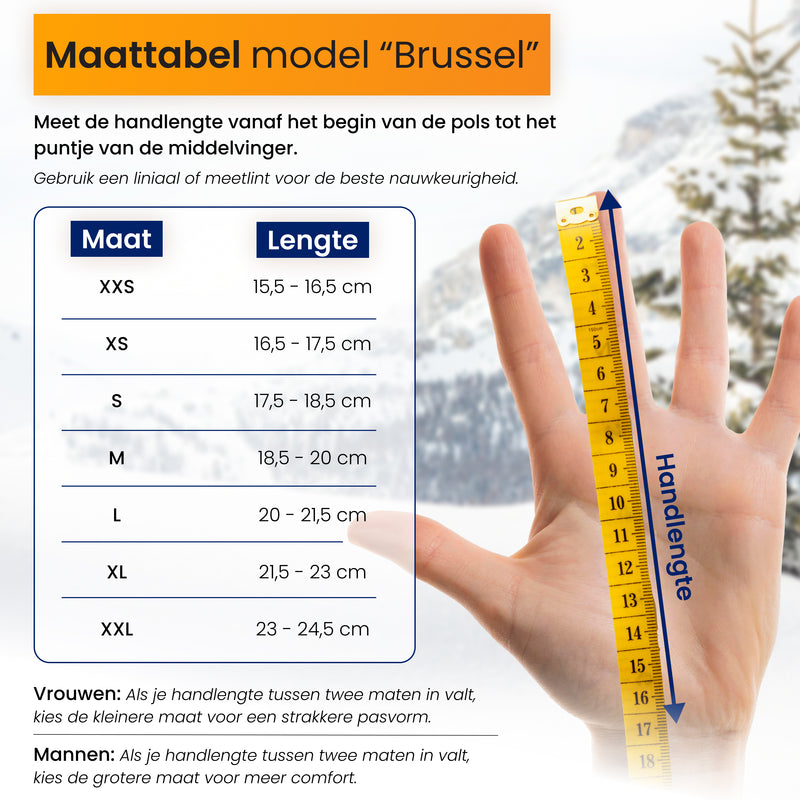 Waterdichte handschoenen maattabel met handlengte-uitleg per maat.