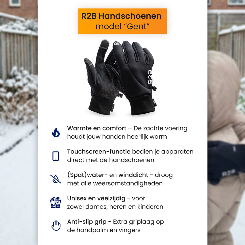 Waterdichte touchscreen handschoenen details met close-up van grip en stof.