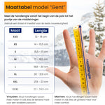 Waterdichte touchscreen handschoenen maattabel met uitleg over handlengtes.