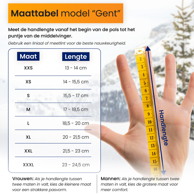 Waterdichte touchscreen handschoenen maattabel met uitleg over handlengtes.